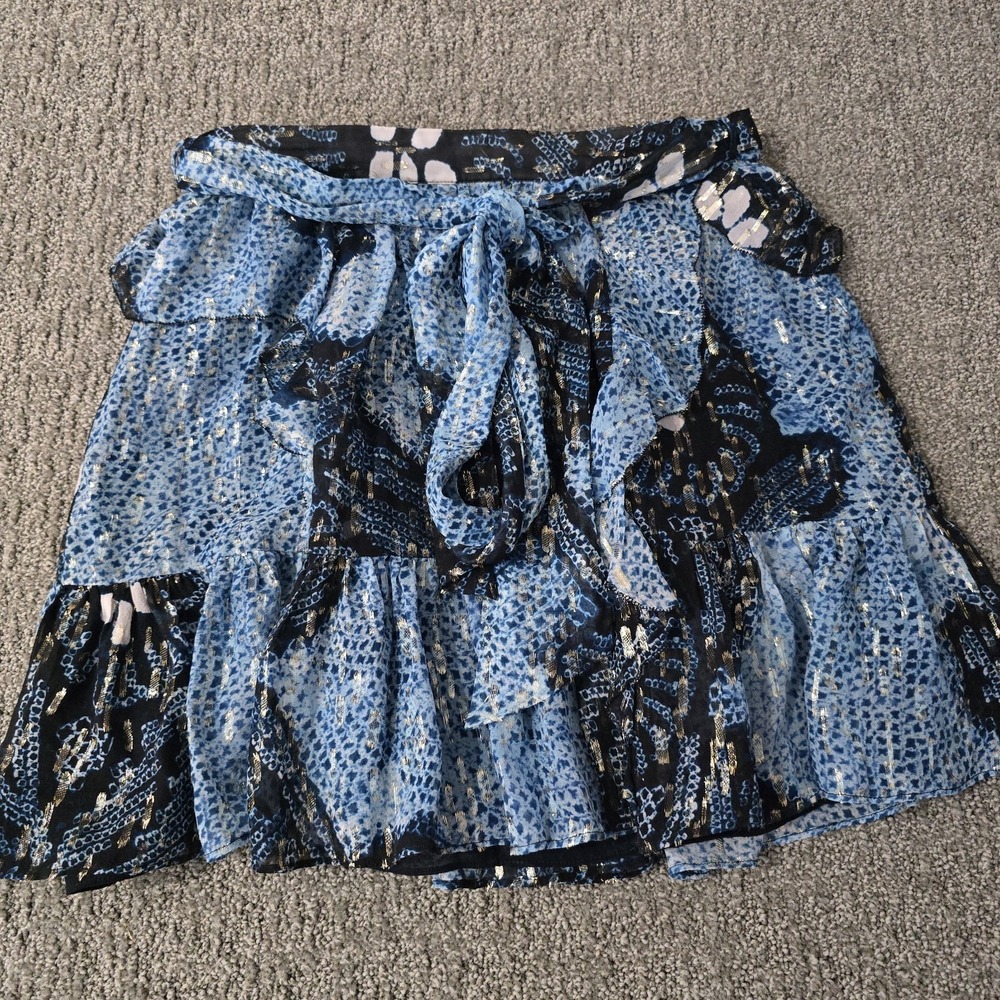 Ulla Johnson Zea Skirt 2 Blue Silk Lurex Metallic Ruffle Tiered Mini Belted